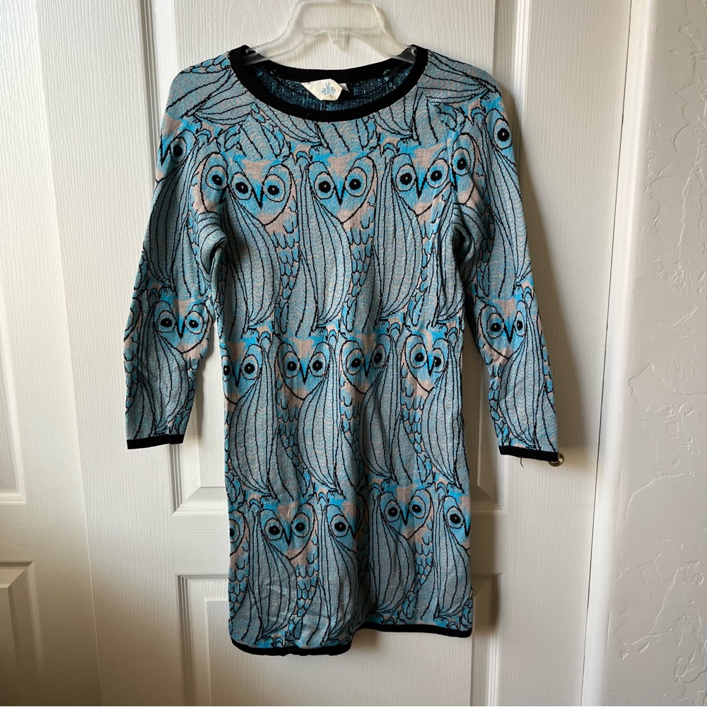 Anthropologie HWR Blue Knit Owl Sweater Dress